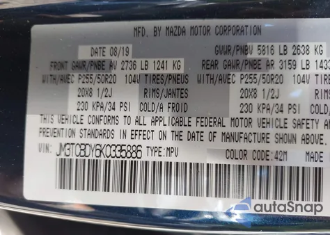 2019 Mazda Cx-9 Grand Touring из США, поврежденный, VIN JM3TCBDY6K0335886